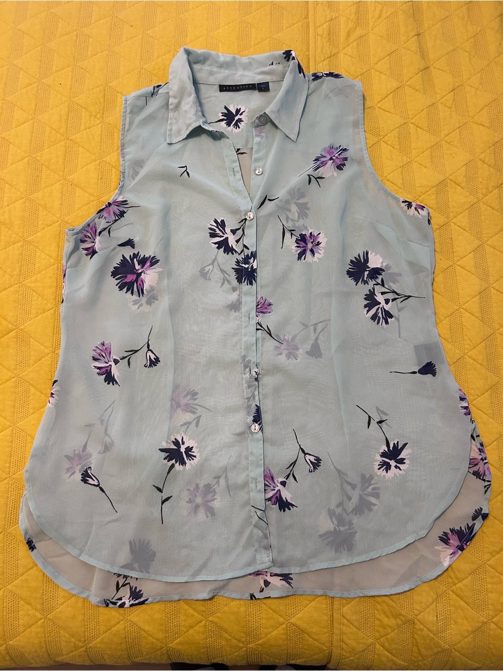 attention Sleeveless Light Blue Floral Button-Front Blouse